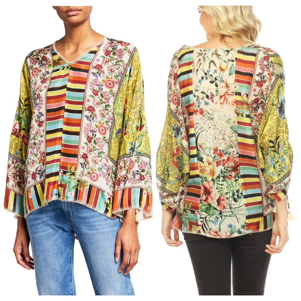 Johnny Was Colorful Floral and Stripe Blouse